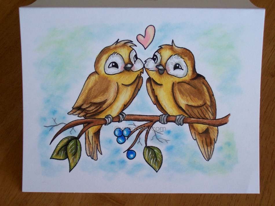 Birds, ORIGINAL drawing, bird illustration, hand drawn, small format art, blank note card, love card