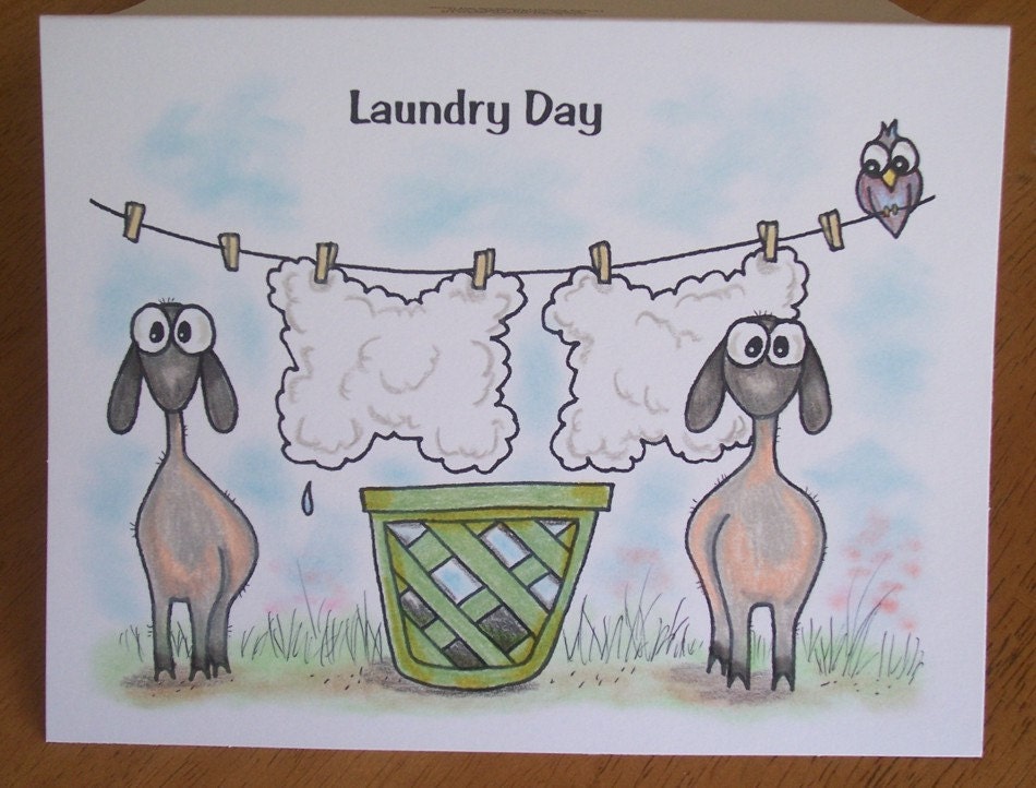 Sheep, Naked, Laundry Day, ORIGINAL drawing, animal illustration, hand drawn, small format art, blank note card, humor, encourage card