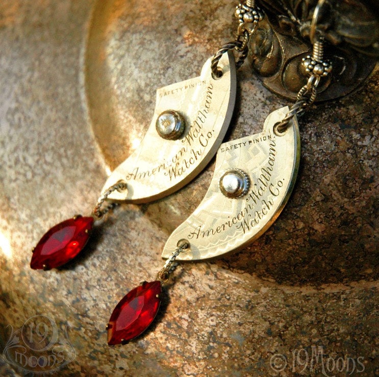 Steampunk Earrings- 1800s Waltham Pocket Watch Crescent Moon - RARE Victorian Watch with Red Swarovski- SEDUCTIVE ELEGANCE