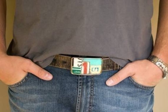 Metal Mosaic Belt Buckle Vintage License Plate