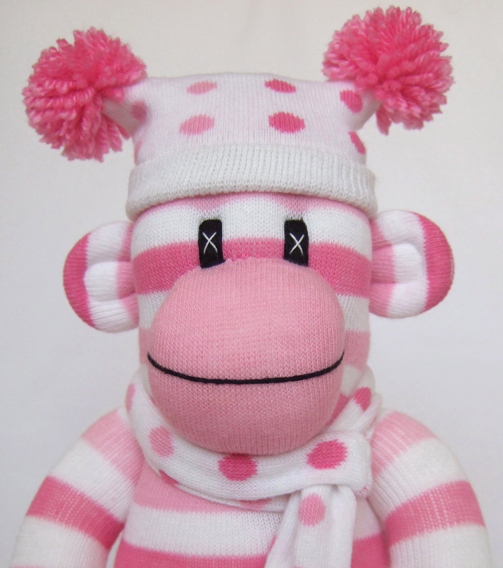 Cute Pink Candy Stripe Sock Monkey made to order