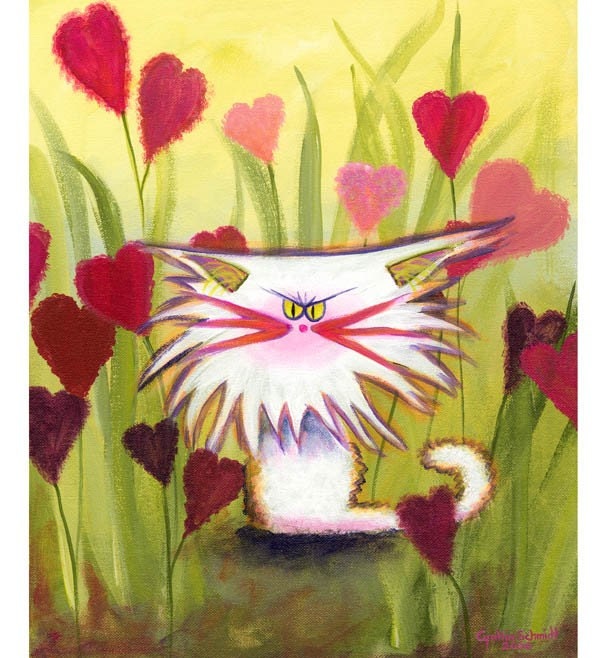VALENTINES CRANKY CAT with heart flowers - Matted Print