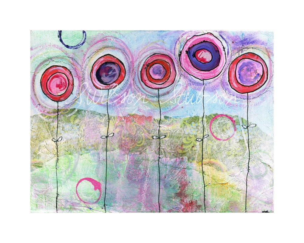 3 pink, 2 red flowers (reproduction print)