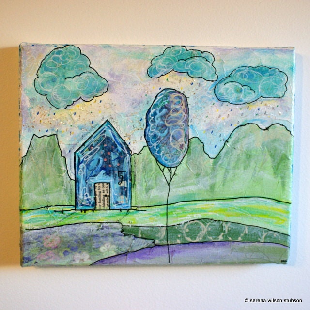 blue house 5 - 8x10 original painting and collage on canvas