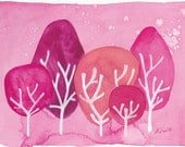 Whimsical Watercolor Pink Forest Art Print Reproduction Baby Girl Wall Art