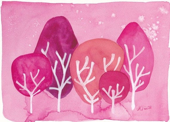 Whimsical Watercolor Pink Forest Art Print Reproduction Baby Girl Wall Art