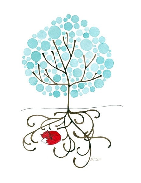 Tree Artwork Fox Nap Watercolor Art Print Winter Wall Art Children Decor