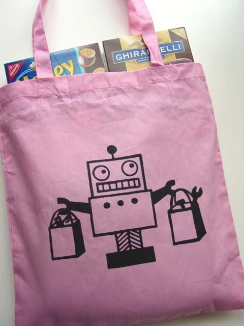 Shopping Robot Large Pink Tote Bag Reusable Shopping Bag