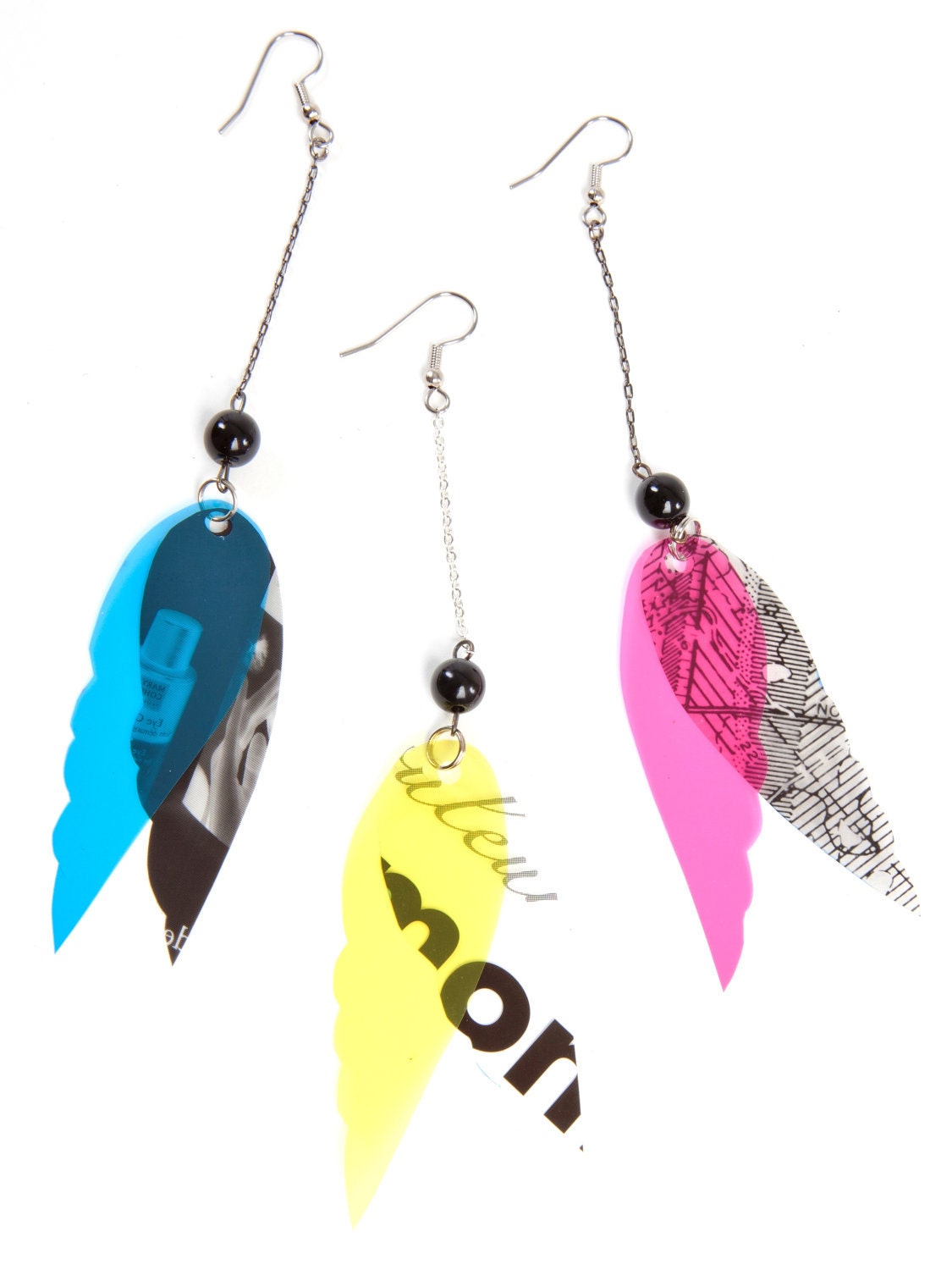 earrings . recycled film . wings and pearls . yellow