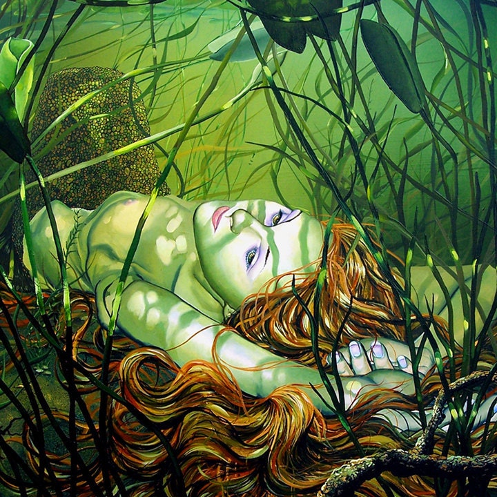 RW2 Mermaid SHOWER CURTAIN Cloth art fantasy green Amber by Robert Walker