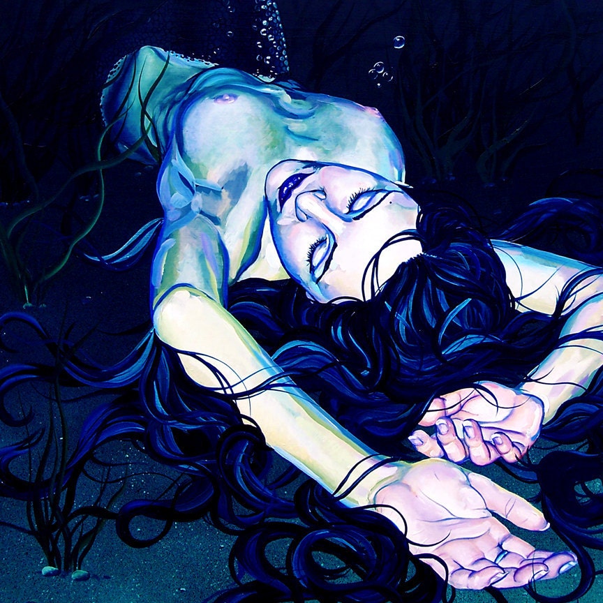 RW2 SHOWER CURTAIN Serenity mermaid surrealism nude fantasy art teal purple blue aqua sea
