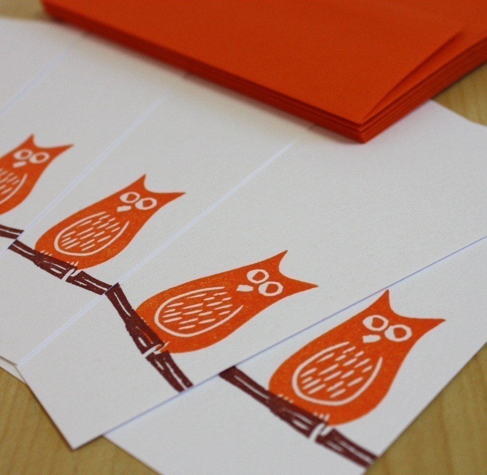 Owl - Handmade Flat Note Stationery - Set of 6
