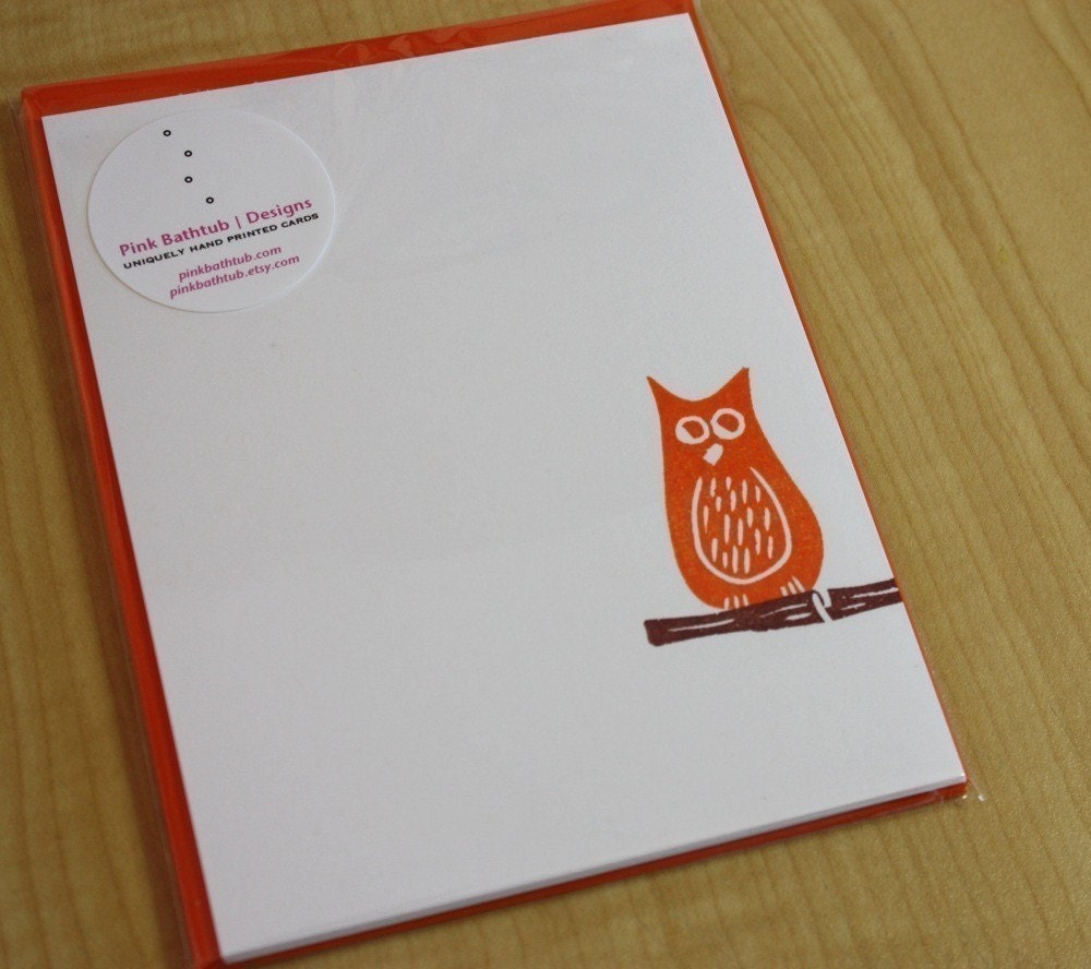 Owl - Handmade Flat Note Stationery - Set of 6
