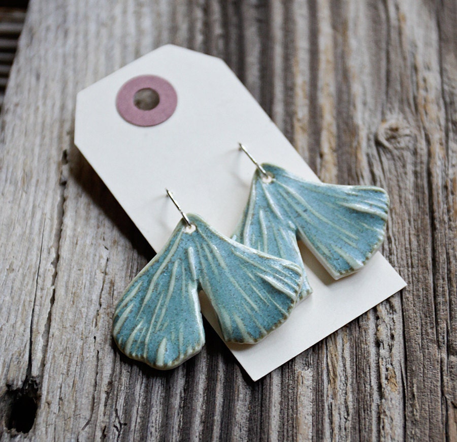 Aqua Ginkgo Leaf Porcelain Earrings - ON SALE
