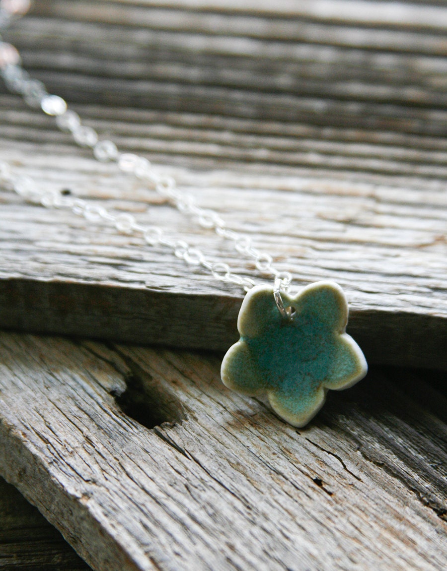 Necklace with Aqua Green Porcelain Flower - ON SALE