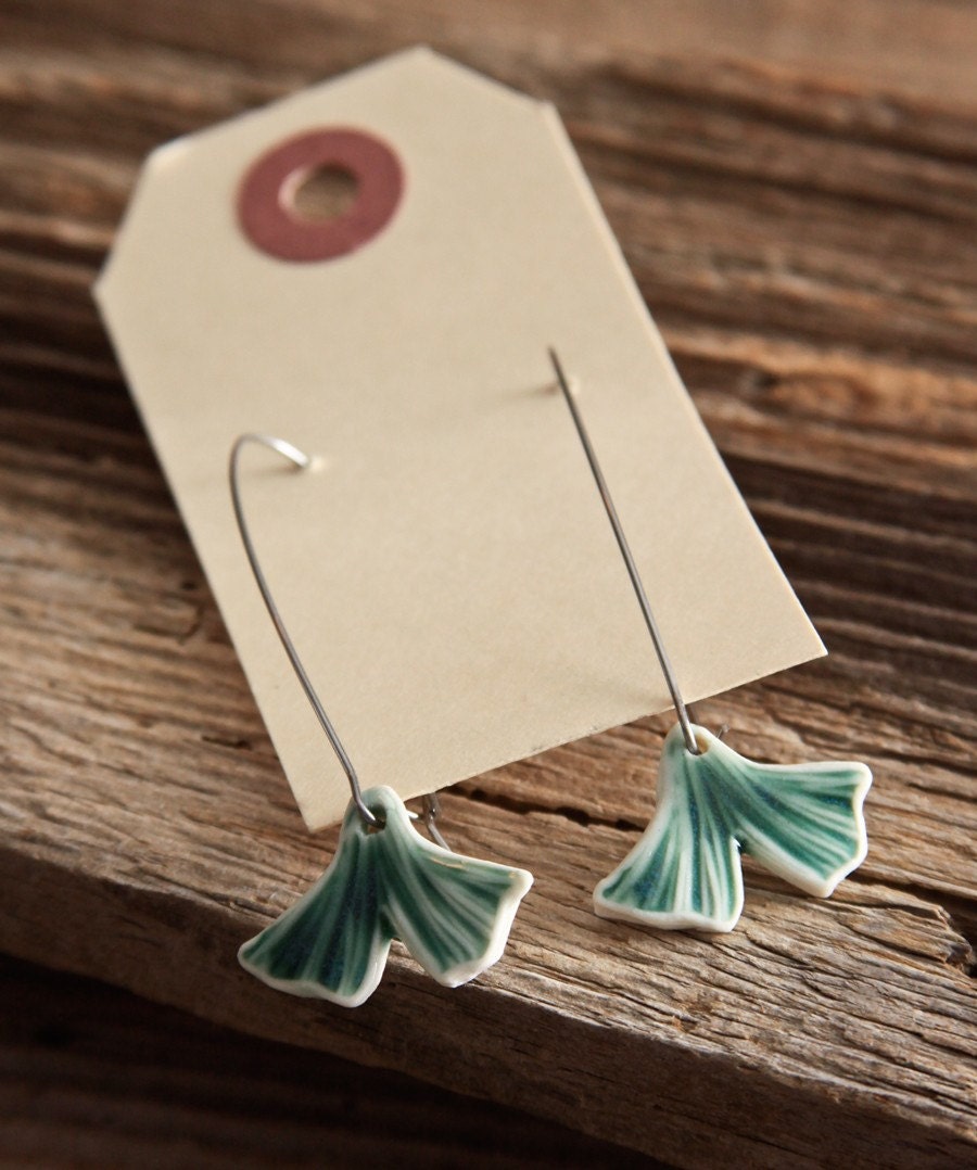 Ginkgo Porcelain Earrings - Long Kidney Shaped Ear Wires - ON SALE