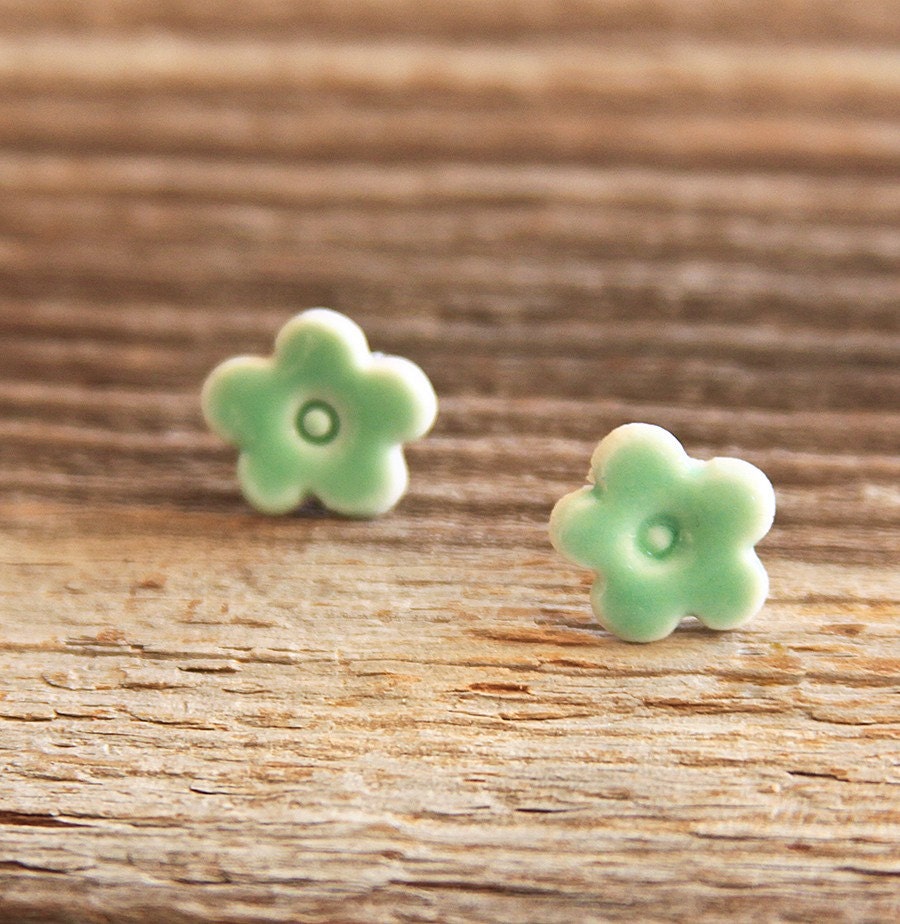 Earrings - Tiny Aqua Green Porcelain Flowers - ON SALE
