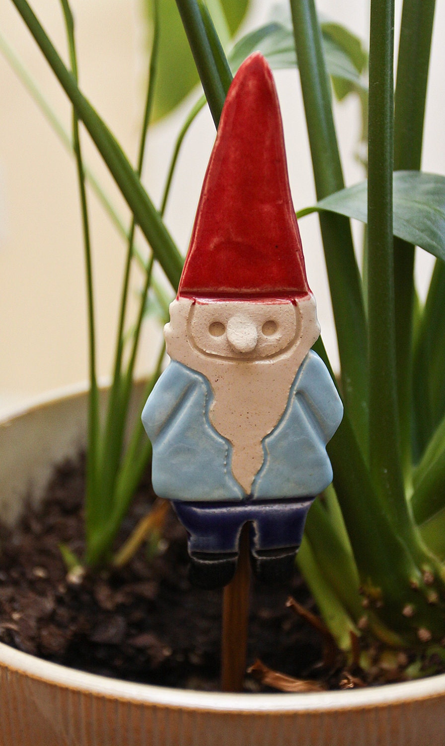 Handmade Pottery Gnome Garden Stake by Ceramic Artist Tasha McKelvey