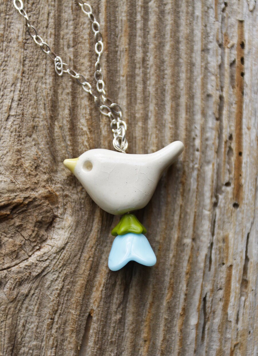 White Pottery Bird Necklace with Vintage Baby Blue Glass Flower - On Sale