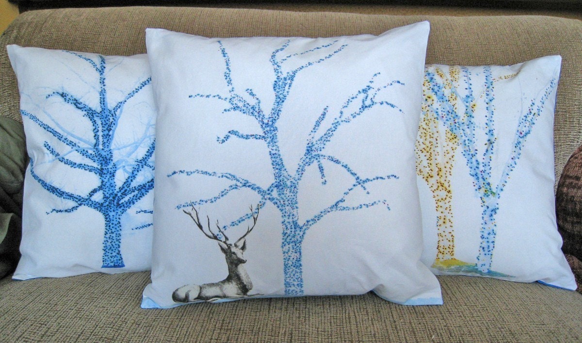 Blue Tree Deer Pillow Cover A Stag in the Forest 16 inch series M