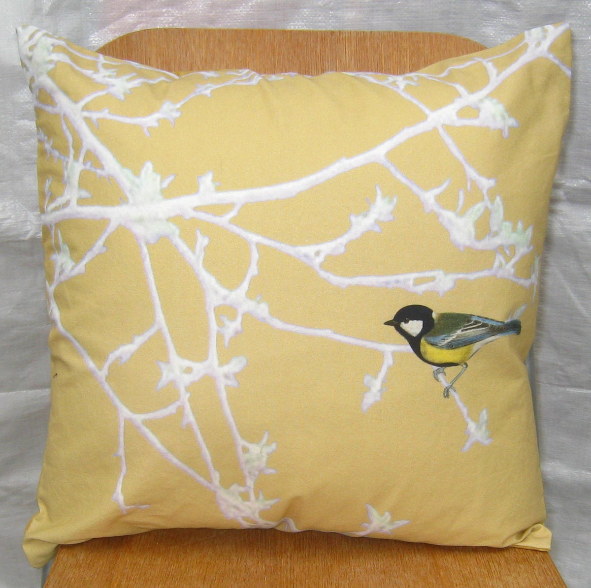 Pillow Cover Bird on a Branch Pale Gold 16 inch series F