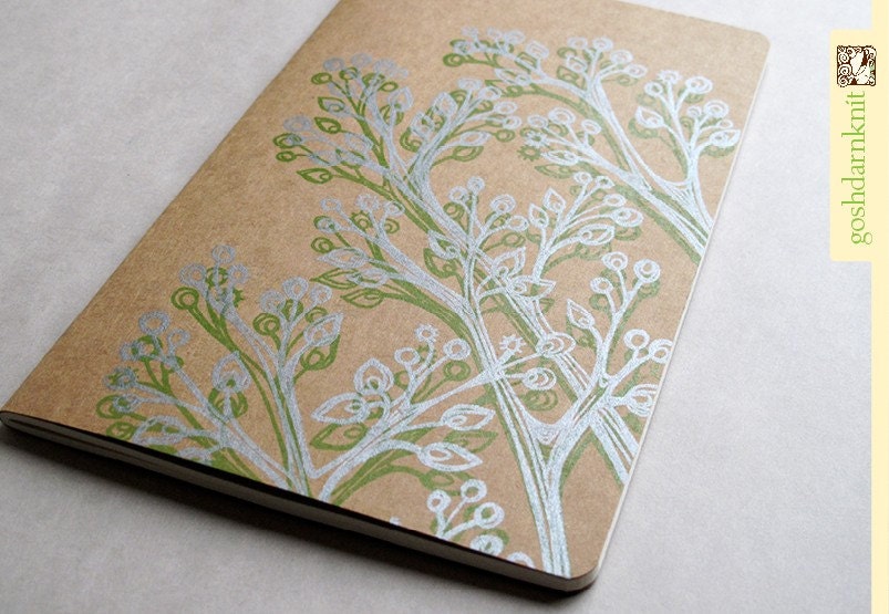 Moleskine Silver Pods .  Large Notebook Journal . Ruled Pages . Metallic Silver Green Inks . Kraft Cover . Nature Drawing Hand Screenprinted