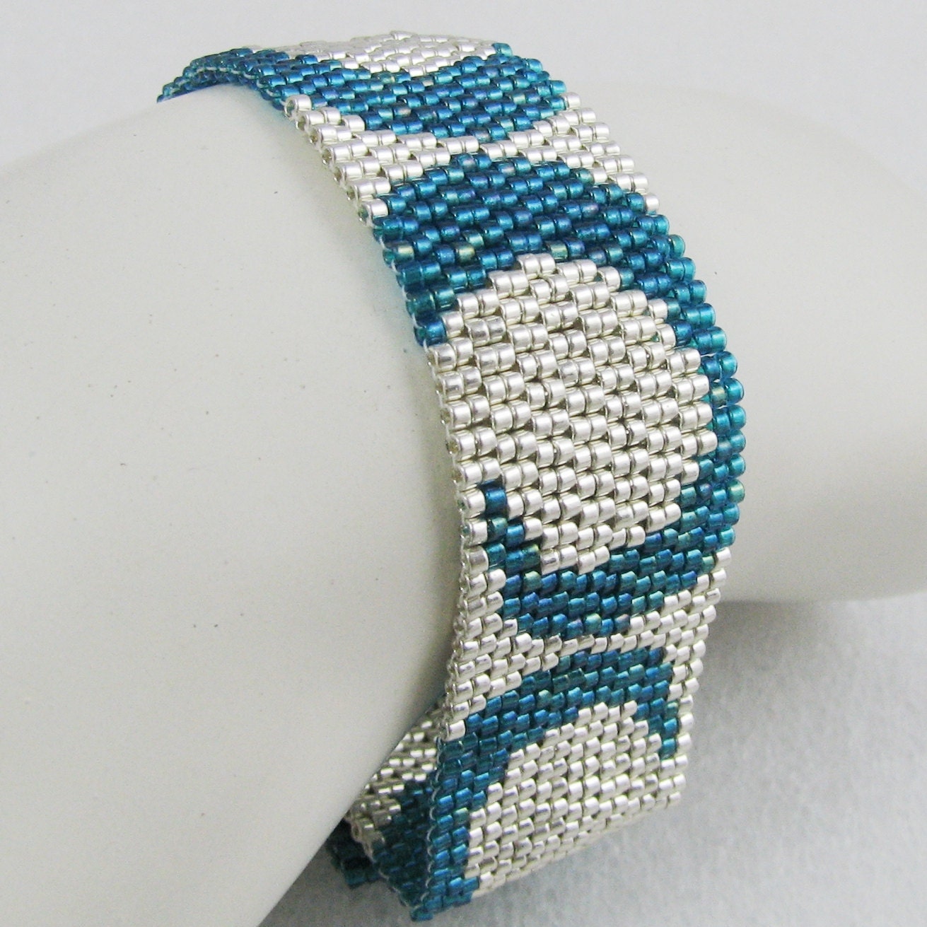 Hawaiian Blue on Silver Signature Peyote Cuff (2613) - A Sand Fibers Made-to-Order Creation
