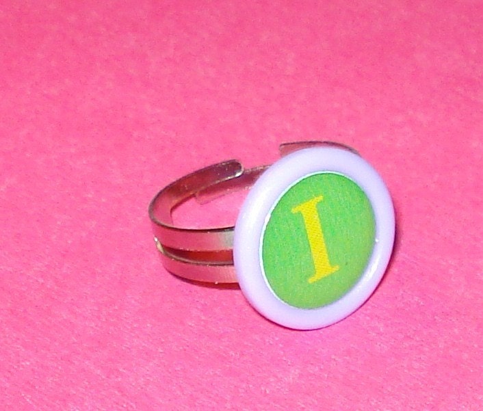 I - Typewriter Key Green Initial Adjustable Ring