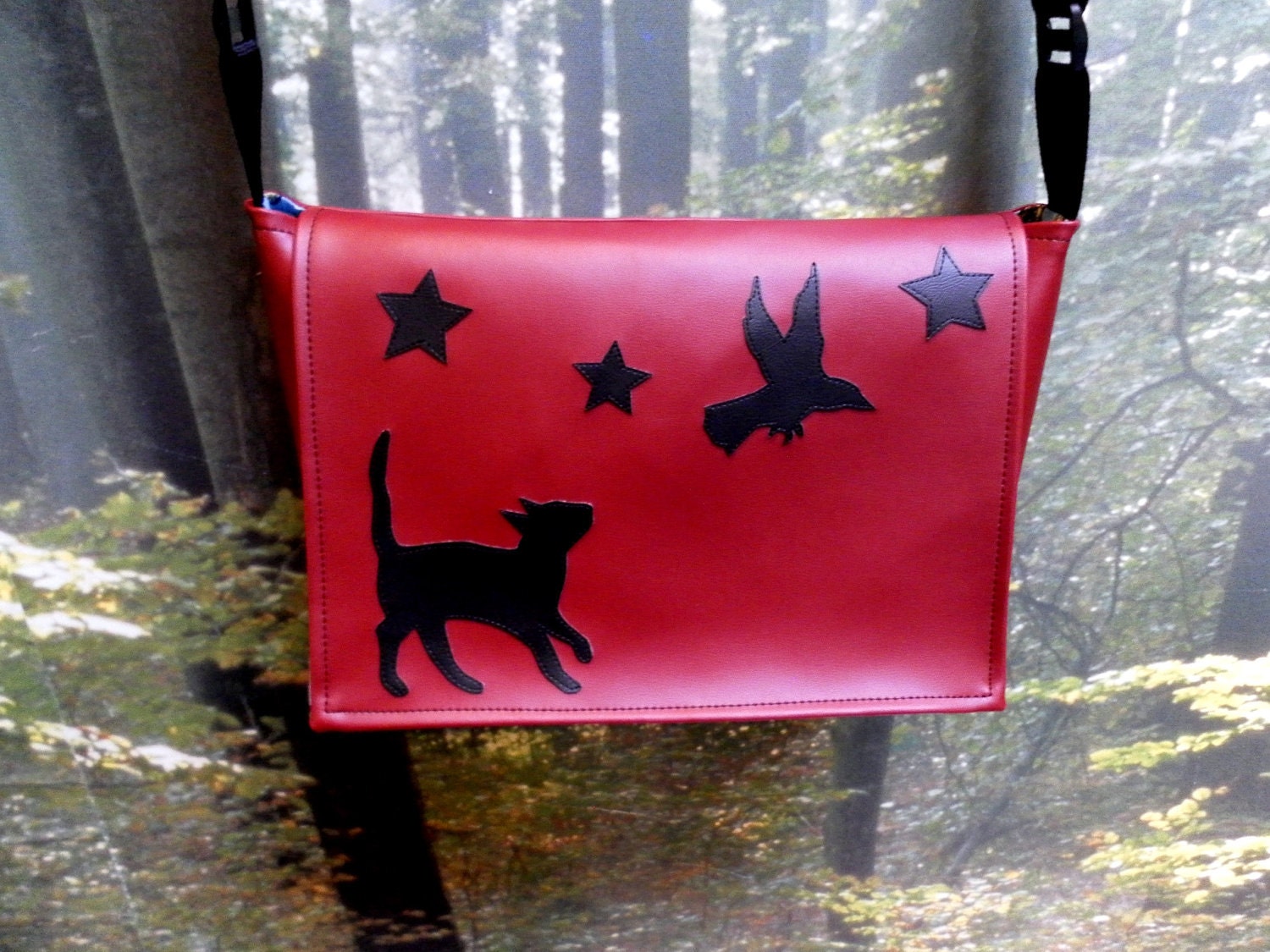 Cat, Stars and Crows Burgundy Vinyl Messenger Bag