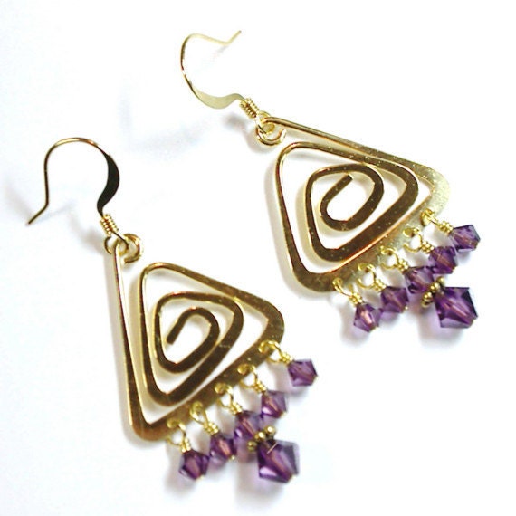 Gold Triangle Swirl Earrings Purple