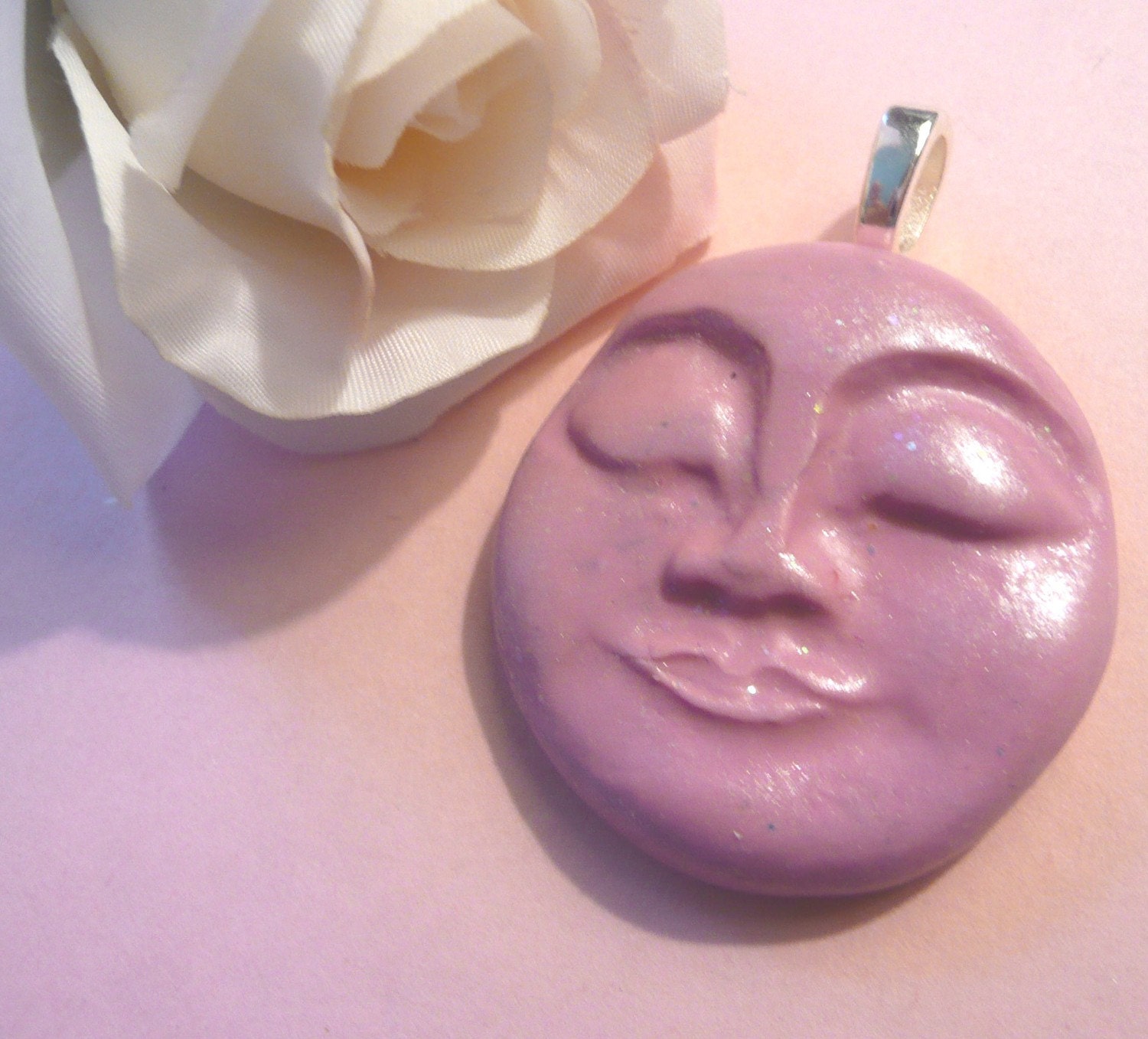 Moon Face Jewelry Pink Polymer Clay Pendant whimsical