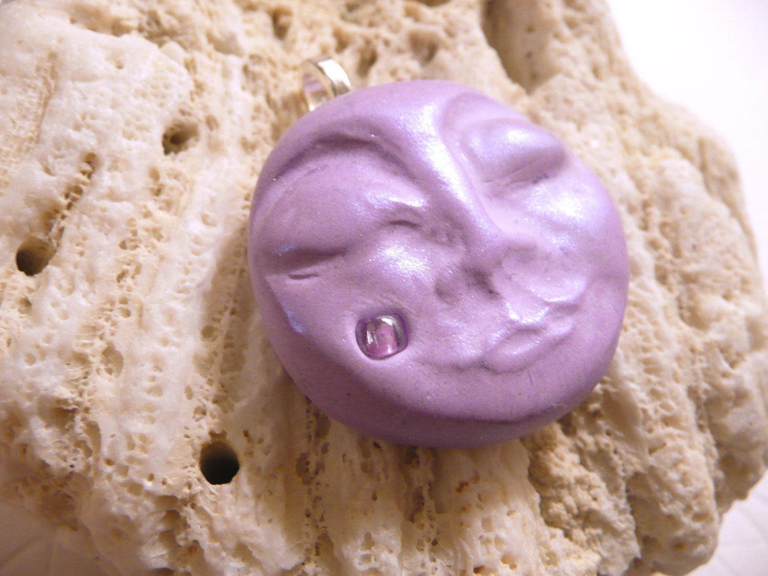 Moon Face Pendant - Lavender - whimsical polymer clay jewelry