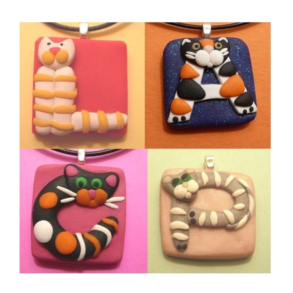 Personalized Cat Pendant Your Initial - whimsical handmade polymer clay jewelry magnet ornament