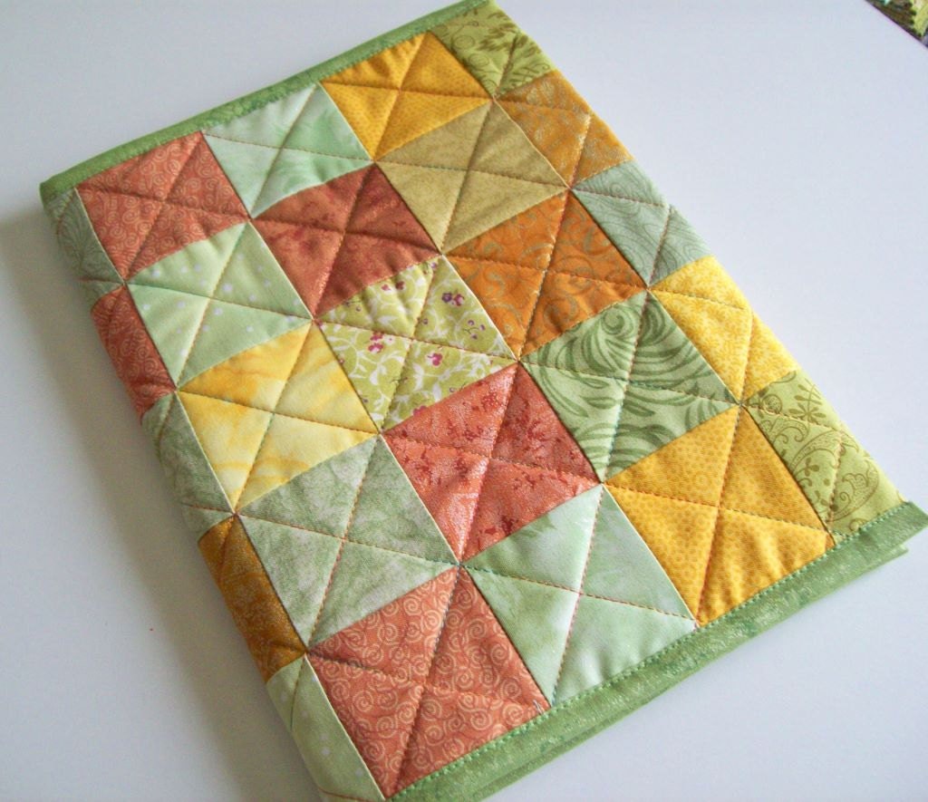 Quilted Journal -Gold and Green Squares Fabric Cover - Pamelaquilts