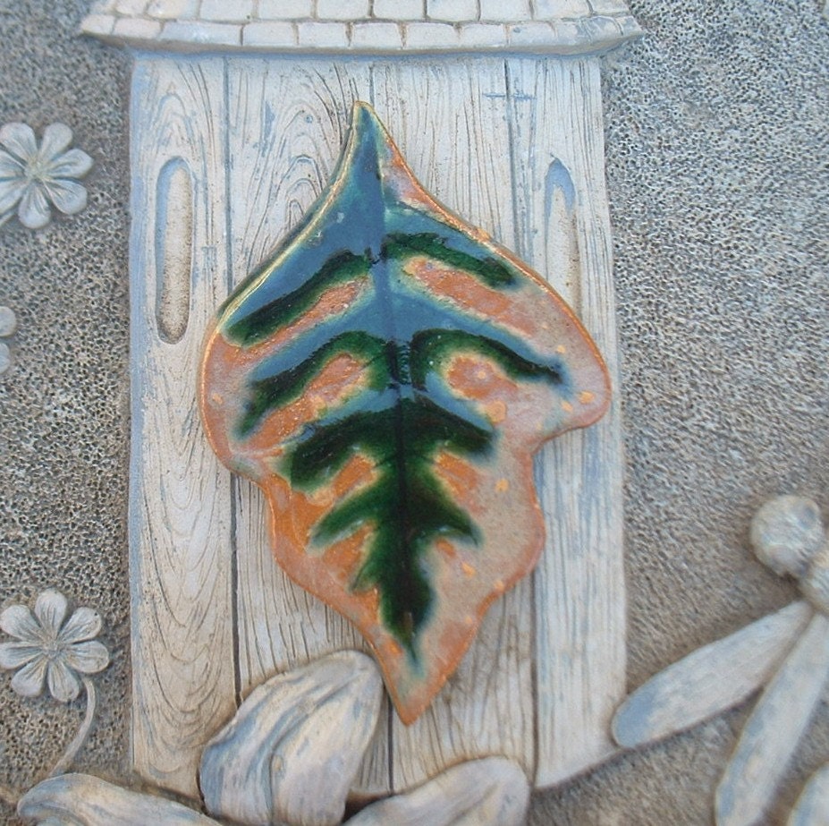 Close Out Orange and Green Leaf Ceramic Clay Pottery Pendant/Cab