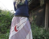 Vintage Recycled Swirly Skirt for the Baseball Fan with Stripes and in Red Free Waist