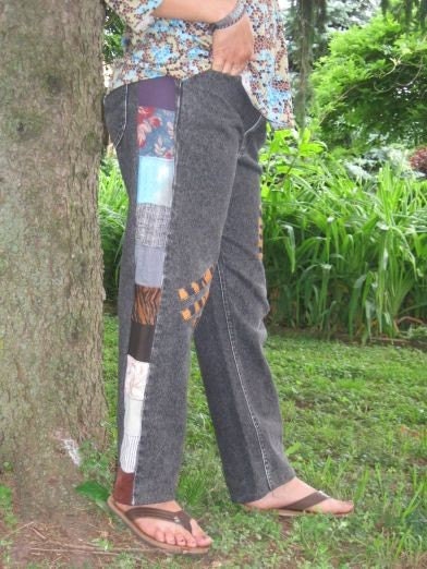 Black Denim and Tiger Stripe Patchwork Pants Reclaimed Materials