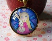 Blonde Girl and Rabbit Necklace - Glass Tile Pendant with Vintage Bronze Setting and Vintage Gold Ball Chain - Niamh