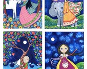 Set of 4 Large ( A4 Size) Art Prints Of Your Choice - Nursery Childrens Art - Whimsical Folk Art Print - Dream Series