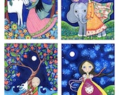 Girls room art - Set of 4 Four 5 x 7 Art Prints Of Your Choice - Nursery Art - Whimsical Folk Art Print - Fairy Tale Artwork