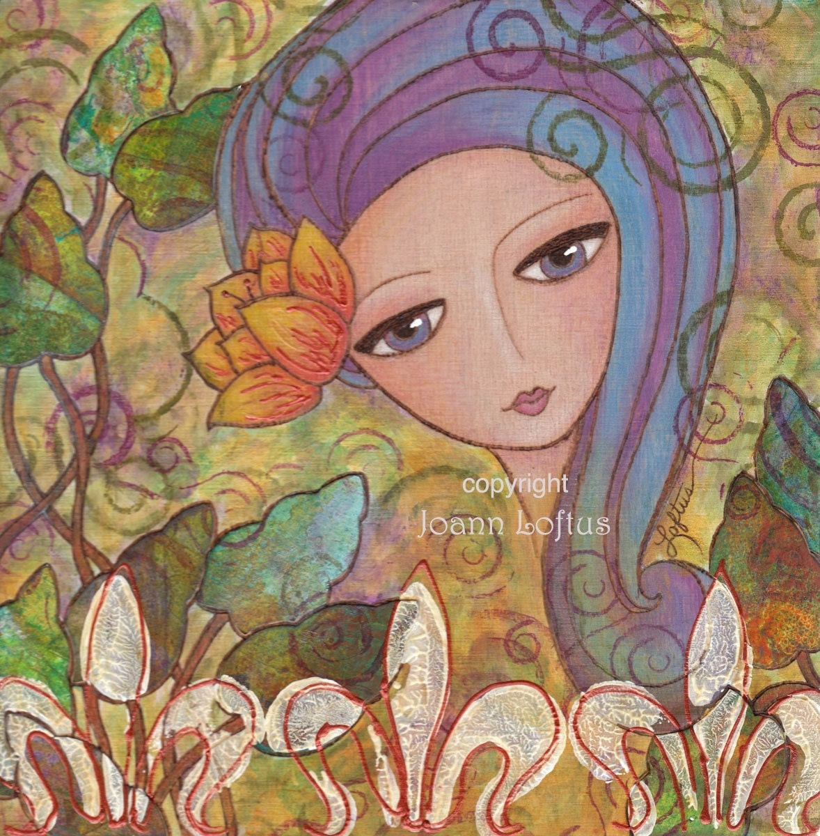 Whimsical Girl Folk Art Print - Blue Hair - Secret Garden