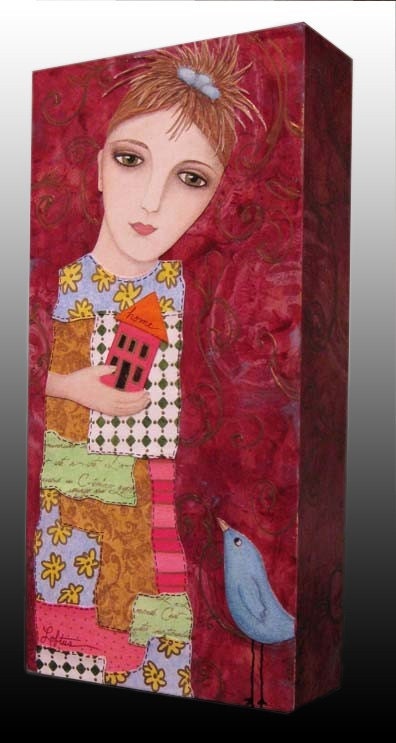 Original Folk Art Painting - Woman Girl Bird Home House Quilt