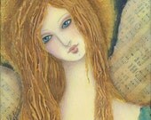 Guardian Angel Folk Art Print - Mixed Media Painting Whimsical Woman Girl