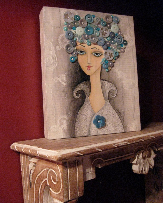Whimsical Woman Girl Art - Original Painting Funky Mixed Media