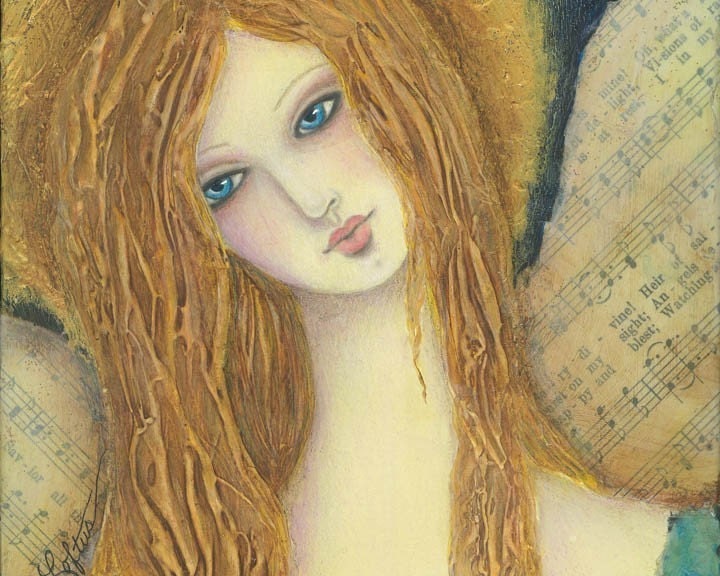 Guardian Angel Folk Art Print - Mixed Media Painting Whimsical Woman Girl