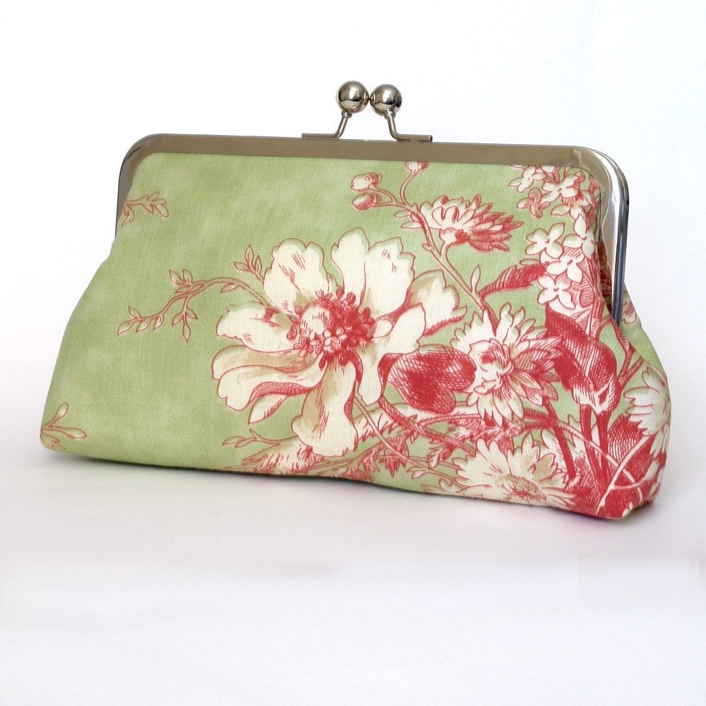 Kisslock Frame Clutch Silk Lined Pink and Green Flowers Bridesmaid Bride Wedding Gifts Preppy Prep