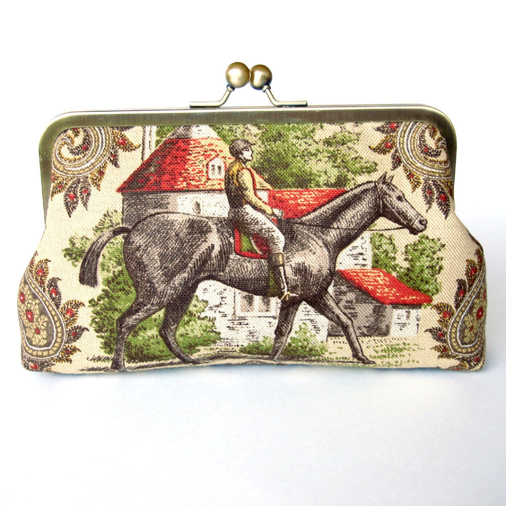 Kisslock Frame Clutch Silk Lined Brown Jockey and Horse Royal Ascot Races Bridesmaid Bride Wedding Gifts Preppy