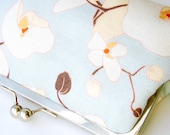 Kisslock Frame Clutch Silk Lined Light Blue Linen Orchid Flowers Bridesmaid Bride Wedding Gifts Preppy Prep Floral Flower Bridal