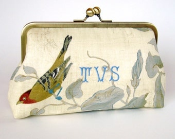 Monogrammed Wedding Clutch Kisslock Frame Silk Lined Bird Bridesmaid Bride Gifts Preppy Bridal