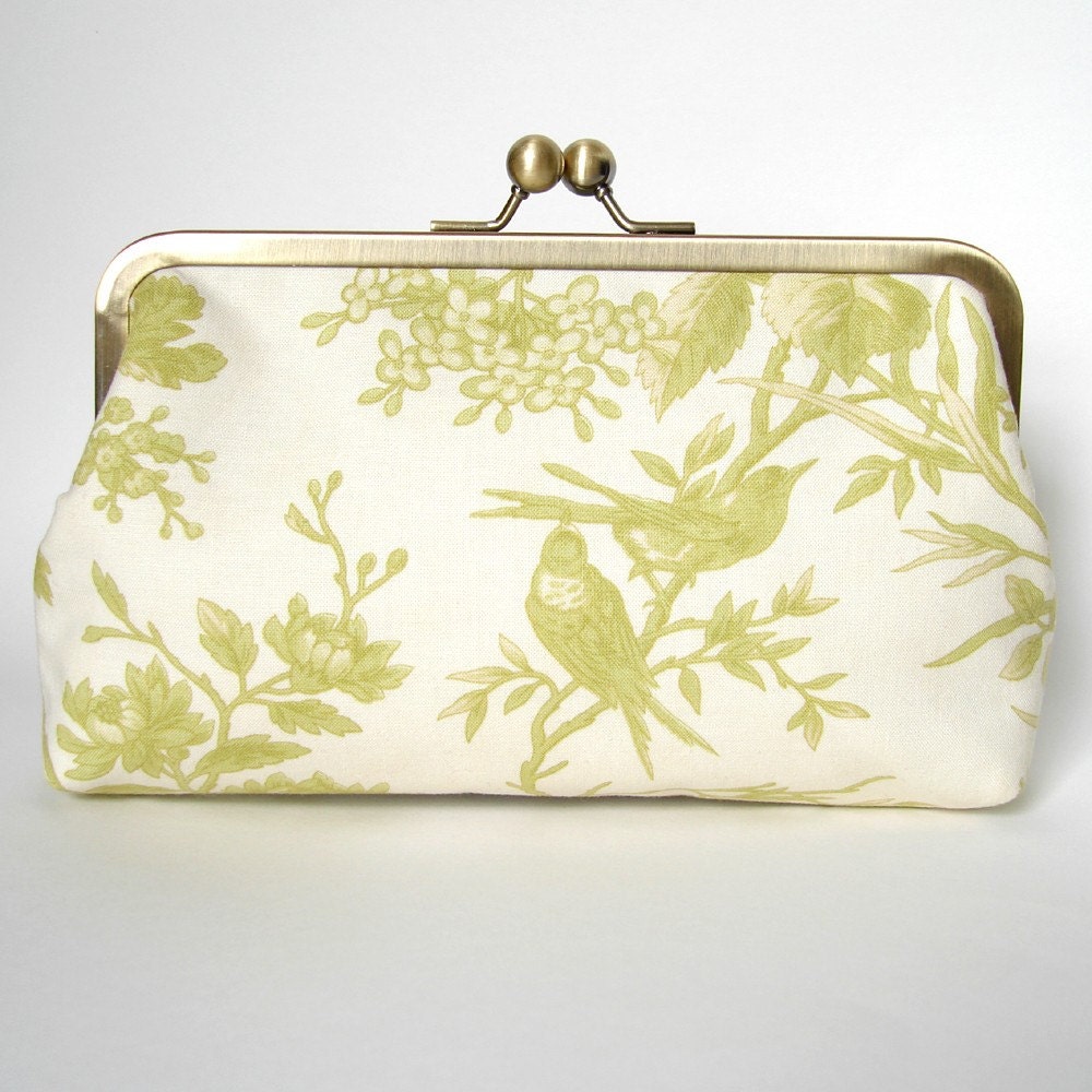 Kisslock Frame Clutch Silk Lined with Green Toile Birds Bridesmaid Bride Wedding Gifts Preppy Prep Bridal